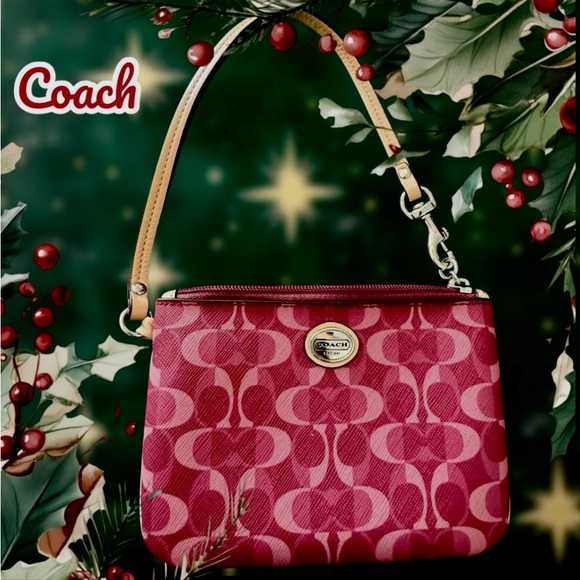 Coach Logo Wristlet Mini Bag, Maroon/Pink, Swivel-Snap Clip Card Holder Inside - Picture 10 of 12